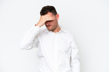 Young caucasian handsome man isolated on white background with headache