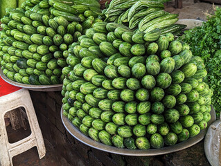 Fresh green bunch of cucumbers for sale in local market.