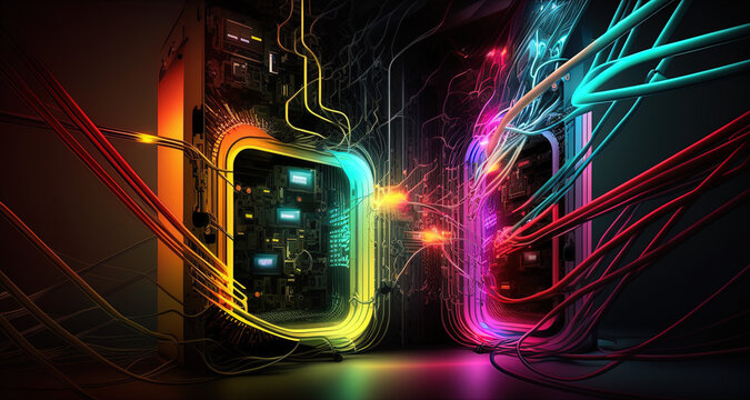 Servers, hard drives, cables, hi tech, technology, digital, electronics, it, computing, future, colorful, link, connection, link, fantasy, illustration, generative AI