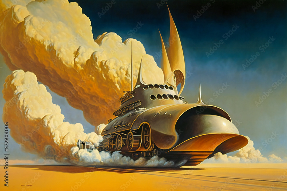 Poster fantasy steampunk vehicle running on the desert surface of an alien planet, producing clouds of stea