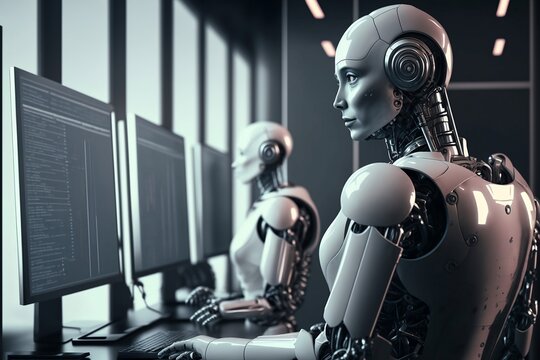 Robot Ai replacing the human work force concept with bots working in office environment