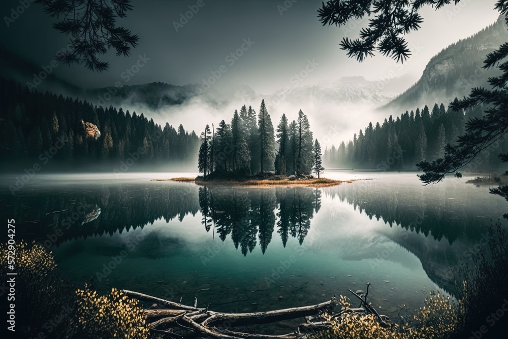 Poster stunning image of a lake in the forest with a mist slowly rising in the background. Generative AI