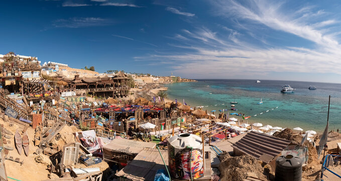 Sharm el Sheikh, Egypt, January 2023: Panoramic view on Sharm El Sheikh: Beautiful top view of popular Farsha cafe on shore of Red Sea in Hadaba district, Sharm El Sheikh, Egypt,  High quality photo