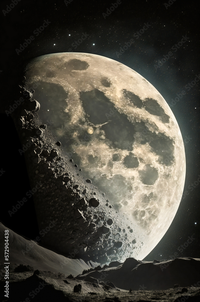 Poster big moon rising over a rock desert planet. created with generative ai technology.