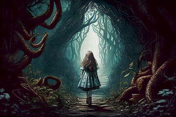 A girl from a fairy tale, walking through a dense forest. Generative AI - obrazy, fototapety, plakaty