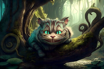 Cheshire Cat.Pencil and pastel drawing.Digital creative designer art.Abstract surreal illustration.3d render - obrazy, fototapety, plakaty