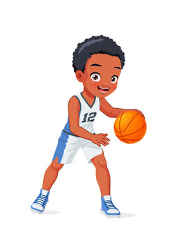 Cute little African school kid playing basketball. Cartoon vector illustration.