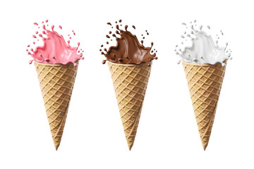 set of Chocolate,vanilla and strawberry splash of Ice cream cone flavor with clipping path, 3d illustration.
