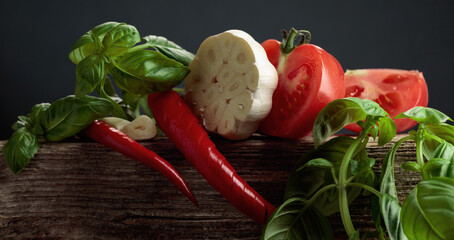 Ingredients for making spicy tomato sauce.