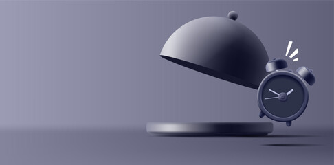Empty 3d open cloche for food with alarm clock on dark background. For advertising concept of restaurants and cafes, time to eat.