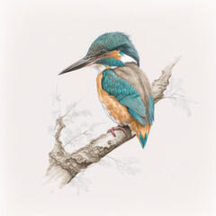 Generative AI illustration of watercolour painting image of kingfisher bird on branch
