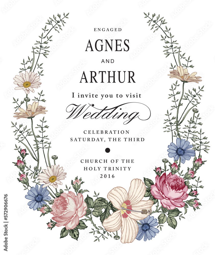 Wall mural Wedding invitation. Beautiful blooming flowers. Vintage greeting card. Frame. Drawing engraving isolated. Chamomile Rose hibiscus wildflowers floral. Wallpaper baroque. Vector victorian Illustration