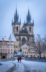 Naklejka na ściany i meble The Church of Our Lady before Týn on the Old Town Square (Staroměstské Náměstí) in Prague in the early morning in winter.