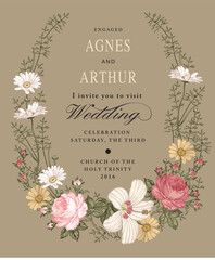 Wedding invitation. Beautiful blooming flowers. Vintage greeting card. Frame. Drawing engraving isolated. Chamomile Rose hibiscus wildflowers floral. Wallpaper baroque. Vector victorian Illustration