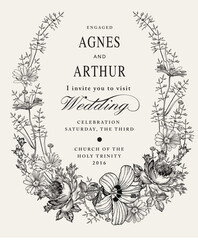 Wedding invitation. Beautiful blooming flowers. Vintage greeting card. Frame. Drawing engraving isolated. Chamomile Rose hibiscus wildflowers floral. Wallpaper baroque. Vector victorian Illustration