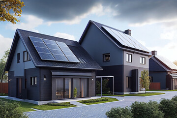 Obraz premium Houses with rooftop solar panels, top view houses of the future, green eco energy of the future, farm with solar panels Generative AI