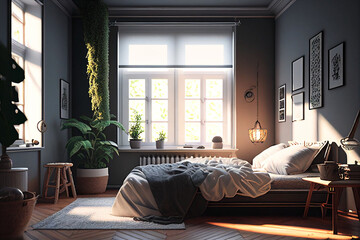 bedroom black and white wall with painting and plant daylight real estate