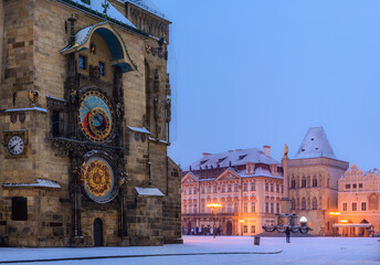 The astronomical clock (Orloj) on the Old Times Square (Staroměstské Náměstí) in Prague in the...