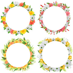 Four hand-drawn watercolor wreaths with garden flowers and berries. An illustration for printing design, textile, scrapbooking. Isolated on white.	