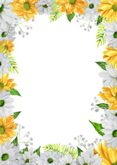 Hand-drawn watercolor frame with chrysanthemum, fern and gypsophila on white background. An illustration for printing design, textile, scrapbooking. Isolated on white.	