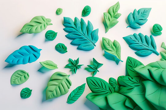 teal and green hyper-realistic floral hand-made plasticine flowers or play-doh spring leaves and foilage with stems, isolated on a white background (generative ai)