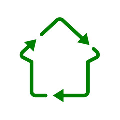 Recycle house idea. Upcycling concept. Green outline line icon. Zero waste. Renewable, reusable materials. Sustainable resources. Ecological construction industry. Vector illustration, flat, clip art