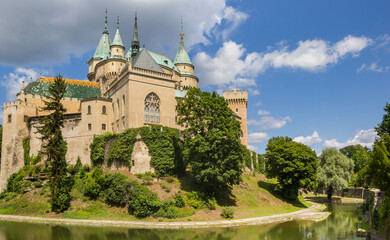 Park and moat around the historic castle in Bojnice, Slovakia
