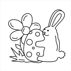 Vector black line illustration of rabbit with an egg and flower for the easter.