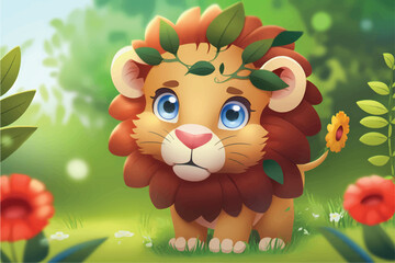 Obraz na płótnie Canvas This playful illustration of a friendly lion with a nature background is perfect for kids. The charming and approachable style of the lion evokes a sense of adventure, while the soothing nature