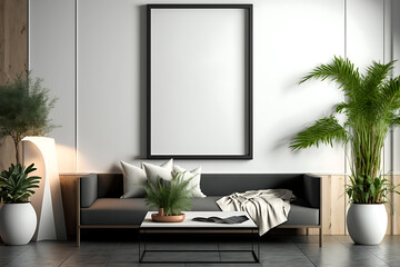 Poster frame on the wall of living room. Luxurious apartment, generative AI