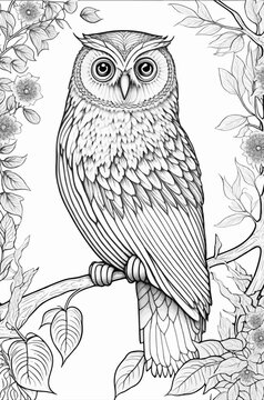owl sitting on a branch line art