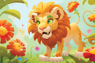 Obraz na płótnie Canvas This playful illustration of a friendly lion with a nature background is perfect for kids. The charming and approachable style of the lion evokes a sense of adventure, while the soothing nature