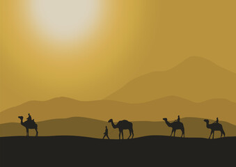Fototapeta na wymiar silhouette of camels in the desert with sunlight, vector illustration.