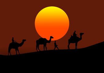 camels in the desert at sunset, vector illustration.