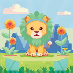 This playful illustration of a friendly lion with a nature background is perfect for kids. The charming and approachable style of the lion evokes a sense of adventure, while the soothing nature