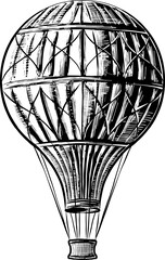 PNG engraved style illustration for posters, decoration and print. Hand drawn sketch of hot air balloon in monochrome isolated on white background. Detailed vintage woodcut style drawing.	
