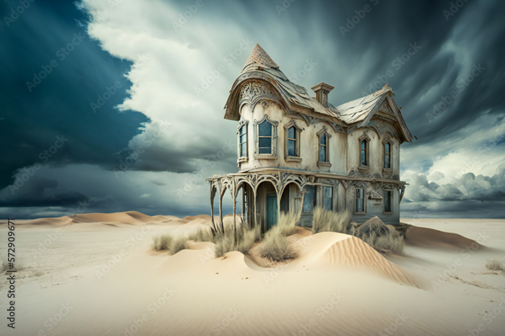 Poster lonely old house in a desert. stormy sky and clouds in background. fictional architecture. created w