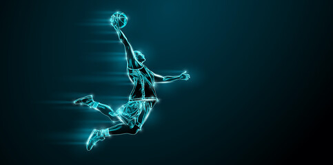 Abstract silhouette of a NBA basketball player man in action isolated black background.