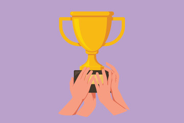 Graphic flat design drawing of golden trophy held by many athletes hands. Symbol of victory, winning championships, matches and sports competitions. Best achievement. Cartoon style vector illustration