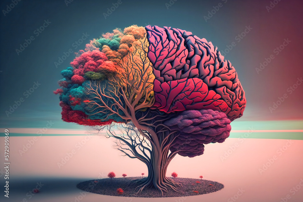 Poster colorful tree in the shape of a brain. created with generative ai technology.