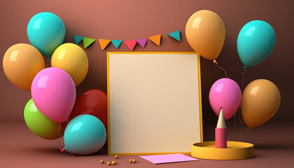 a festive and colorful image of birthday decorations, with an open space for adding personalized text or overlay