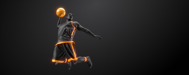 Abstract silhouette of a NBA basketball player man in action isolated black background. © Yevheniia