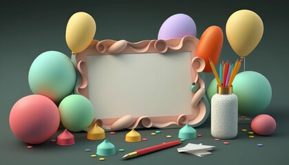 a festive and colorful image of birthday decorations, with an open space for adding personalized text or overlay