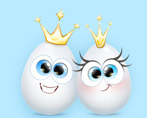 Cute funny white royal egg couple with crowns. Easter concept