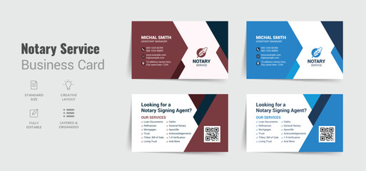 Notary service business card template with creative layout. Notary public signing agent visiting card design