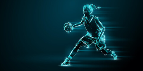 Fototapeta na wymiar Abstract silhouette of a NBA basketball player woman in action isolated black background.