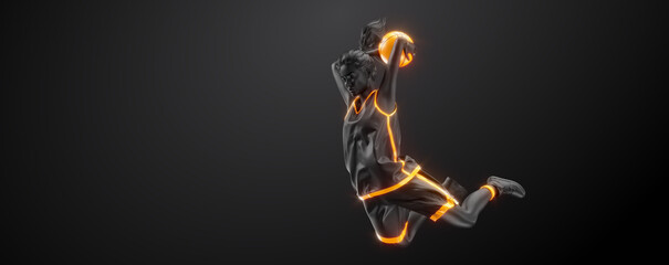 Abstract silhouette of a NBA basketball player woman in action isolated black background.
