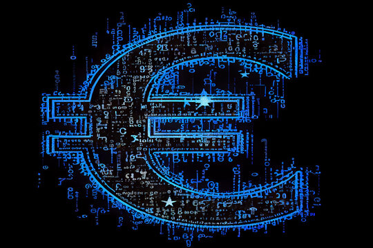 Euro &euro; Symbol in Code Art blau. Digitaler Euro. CBDC. Generative Ai.