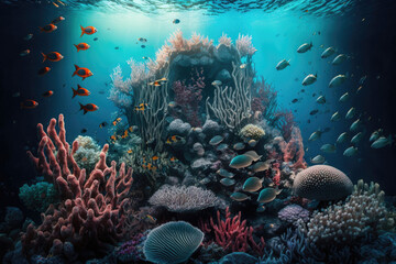 Coral reef with many fish swimming underwater. Illustration AI Generative