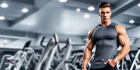 Obraz na płótnie Canvas Handsome muscular man in fitness outfit on gym background with copy space, banner. generative ai